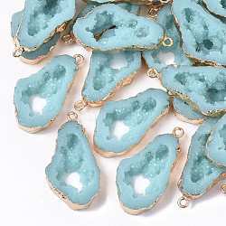 Druzy Resin Pendants, Imitation Geode, with Edge Light Gold Plated Iron Loops, Nuggets, Pale Turquoise, 36~37x19x6mm, Hole: 1.8mm(X-RESI-S383-015B)