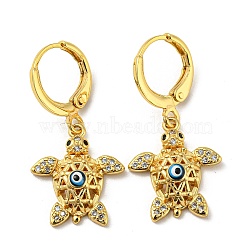 Real 18K Gold Plated Brass Dangle Leverback Earrings, with Enamel and Cubic Zirconia, Turtle with Evil Eye, Midnight Blue, 30x15mm(EJEW-A033-26G)