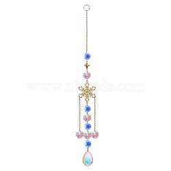 Glass Teardrop Pendant Decoration, Hanging Suncatchers, with Glass Octagon Link and Metal Link, for Home Window Decoration, Snowflake, 300mm(PW-WG75590-02)