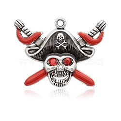 Pirate Style Skull Antique Silver Plated Alloy Enamel Rhinestone Pendants, FireBrick, 34x45x6mm, Hole: 2.5mm(ENAM-E284-01AS)