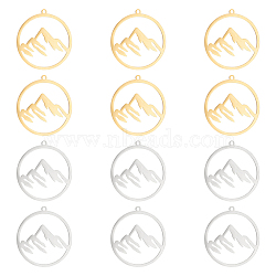 12Pcs 2 Colors 201 Stainless Steel Pendants, Ring with Mountain, Golden & Stainless Steel Color, 27.5x26x1mm, Hole: 1.4mm, 6pcs/color(STAS-UN0042-10)