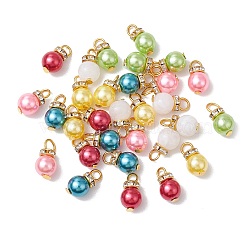 30Pcs 6 Colors ABS Plastic Imitation Pearl Pendants, with Iron Rhinestone Spacer Beads and Iron Pins, Round Charms, Mixed Color, 14x8mm, Hole: 3.5x4mm, 5pcs/color(PALLOY-JF03299)