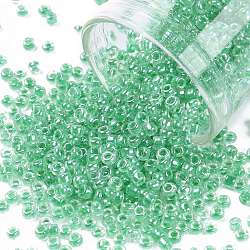 12/0 Glass Seed Beads, Transparent Inside Colours Luster, Round Hole, Round, Green, 12/0, 2~2.5x1.5~2mm, Hole: 0.8mm, about 30000pcs/bag(SEED-A015-2mm-2218)