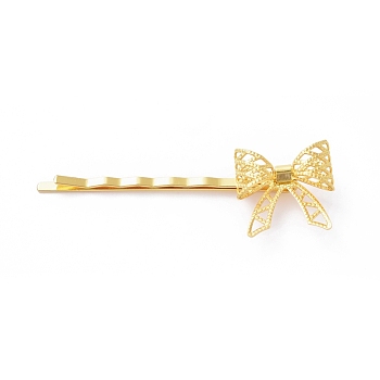 Iron Hair Bobby Pins, with Brass Findings, Bowknot, Long-Lasting Plated, Golden, 62x11mm, Bowknot: 20x20mm