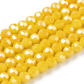 Opaque Glass Beads Strands, Faceted, Round, Gold, 3mm, Hole: 0.8mm, about 164~166pcs/strand, 19.69~19.88 inch(50~50.5cm)