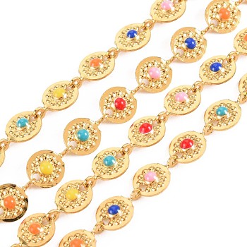 304 Stainless Steel Flat Round with Flower Link Chains, with Enamel, Real 18K Gold Plated, Soldered, Colorful, 8.5x6x2mm, about 3.28 Feet(1m)/Strand