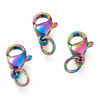 Ion Plating(IP) 304 Stainless Steel Lobster Claw Clasps, With Jump Ring, Rainbow Color, 10x7x3mm, Hole: 3.2mm, Jump Ring: 5x0.6mm