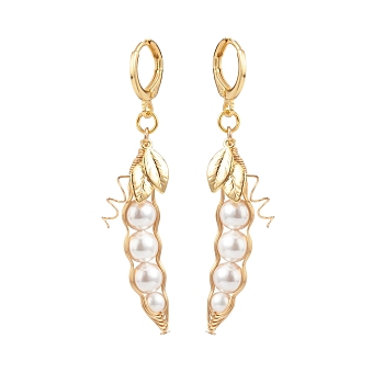 Shell Pearl Beaded Bean with Leaf  Long Dangle Leverback Earrings, Brass Wire Wrap Jewelry for Women, Golden, 56mm, Pin: 1x0.8mm