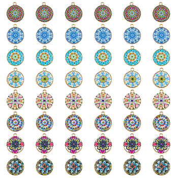 48Pcs 8 Styles Printed Alloy Pendants, Cadmium Free & Nickel Free & Lead Free, Flat Round with Flower Pattern, Mixed Color, 21.5x18x3mm, Hole: 1.8mm, 6pcs/style