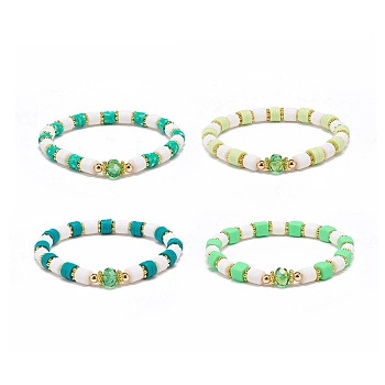 Handmade Polymer Clay Stretch Bracelet Sets, Heishi Beads Bracelets for Women, Green, Inner Diameter: 2-1/8 inch(5.3cm), 4pcs/set