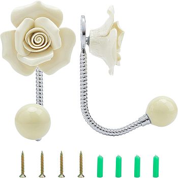 Porcelain Clothes Hook, with Zinc Alloy Clothes Pothook, with Iron Screw and Plastic Plug Accessories, Flower, Light Yellow, 106x56.5x91mm, Hole: 8x12.5mm