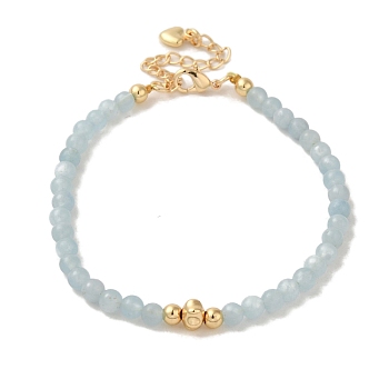 4mm Round Natural Aquamarine Beaded Bracelets, Flower Brass Bracelets for Women, Real 14K Gold Plated, 7-3/8 inch(18.7cm)