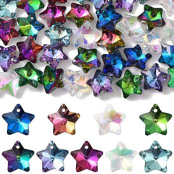 40Pcs 9 Colors Electroplate Glass Charms, Faceted, Star, Mixed Color, 13x13.5x7mm, Hole: 1.2mm