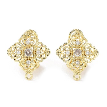 Hollow Rhombus Brass Micro Pave Cubic Zirconia Stud Earrings Finding, with Horizontal Loops, Cadmium Free & Lead Free, Real 18K Gold Plated, 19.5x17mm, Hole: 1.4mm, Pin: 0.8mm