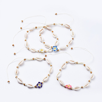 Adjustable Nylon Thread Braided Bead Necklaces, with Cowrie Shell Beads, Wood Beads and Polymer Clay 3D Flower Plumeria Beads, Mixed Color, 13.7~25.1 inch(35~64cm)