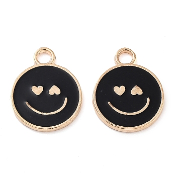 Alloy Enamel Pendants, Cadmium Free & Lead Free, Golden, Flat Round with Smiling Face Charm, Black, 19x15x1.7mm, Hole: 2.5mm