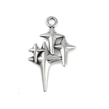 316 Surgical Stainless Steel Pendants, Star Charm, Antique Silver, 28.5x17x2.5mm, Hole: 2.2mm