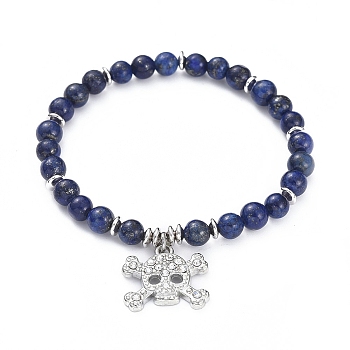 Natural Lapis Lazuli(Dyed) Stretch Charm Bracelets, with Platinum Plated Brass Spacer Beads and Alloy Rhinestone Pendants, Skull, 1-7/8 inch(4.7cm)