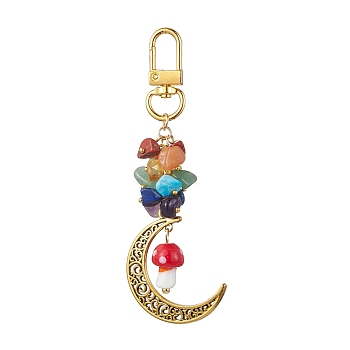 Alloy Hollow Moon & Lampwork Mushroom Pendant Decorations, Natural & Synthetic Mixed Stone Chip and Swivel Clasps Charm, Red, 99mm