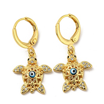 Real 18K Gold Plated Brass Dangle Leverback Earrings, with Enamel and Cubic Zirconia, Turtle with Evil Eye, Midnight Blue, 30x15mm