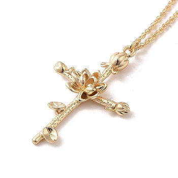 304 Stainless Steel Cross with Flower Pendant Necklaces for Women, Golden, 17.40 inch(44.2cm)