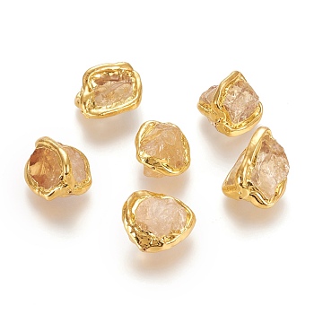 Raw Rough Natural Citrine Beads, with Golden Plated Brass Edge, Nuggets, 16~26x13~21x8~17mm, Hole: 0.8~0.9mm
