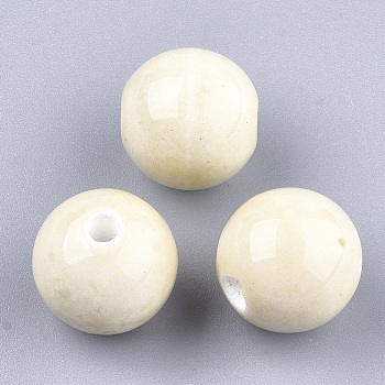 Handmade Porcelain Beads, Bright Glazed Porcelain, Round, Old Lace, 14~14.5x13.5~14mm, Hole: 2.5~3mm