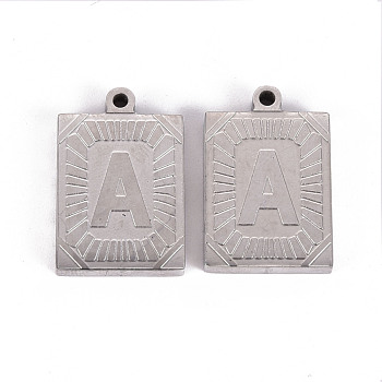 304 Stainless Steel Pendants, Laser Cut, Rectangle with  Letter A, Stainless Steel Color, 23.5x15.5x3mm, Hole: 1.6mm