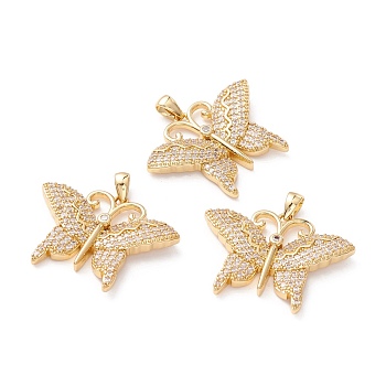 Brass Micro Pave Clear Cubic Zirconia Pendants, Long-Lasting Plated, Lead Free & Cadmium Free & Nickel Free, Butterfly, Real 18K Gold Plated, 21x27.5x4mm, Hole: 2.5x4mm