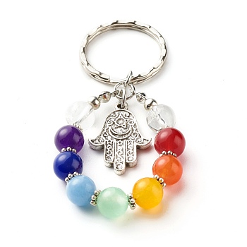 Keychain, Tibetan Style Alloy Pendants and Natural Mixed Stone, Iron Findings and Tiger Tail Wire, Round & Hamsa Hand, Colorful, 7.8cm