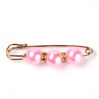 Alloy Crystal Rhinestone Safety Brooches, with Resin Round Beads, Flamingo, Light Gold, 59x17x12mm