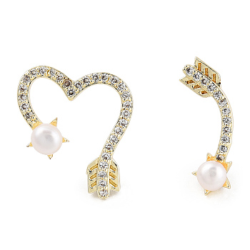 Clear Cubic Zirconia Arrow & Heart Asymmetrical Earrings with Natural Pearl Beaded, Brass Stud Earrings with 925 Sterling Silver Pins for Women, Real 14K Gold Plated, Heart: 15.5x14.5x3mm, Arrow: 17x6.5x4mm, Pin: 0.8mm