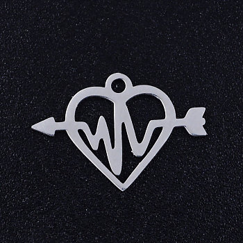 201 Stainless Steel Pendants, Heart with Arrow, Stainless Steel Color, 12.5x18x1mm, Hole: 1.5mm