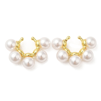 Rack Plating Brass Cuff Earrings with Plastic Pearl Beaded, Cadmium Free & Lead Free, Real 18K Gold Plated, 15.5x22.5x6mm