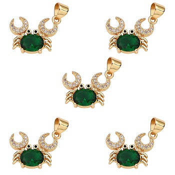5Pcs Brass Micro Pave Clear & Green Cubic Zirconia Pendants, Nickel Free, Crab, Real 18K Gold Plated, 14x16.5x4.5mm, Hole: 3x5mm