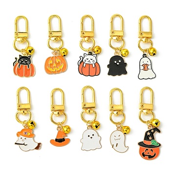 Halloween Theme Alloy Enamel Pendant Decorations, with Alloy Lobster Claw Clasps, Mixed Shapes, Golden, 57~66mm, 10pcs/set