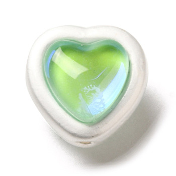 Alloy & Transparent Glass Beads, Matte Silver Color, Two-sided Heart Shape Beads, Yellow Green, 11x11.5x10.5mm, Hole: 1mm