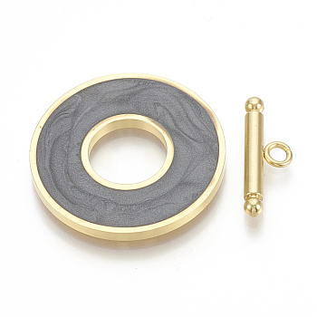 304 Stainless Steel Toggle Clasps, with Enamel, Ring, Golden, Gray, Ring: 29.5x2mm, Inner Diameter: 12mm, Bar: 21x7x3mm, Hole: 2mm