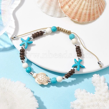 Starfish & Tortoise Synthetic Turquoise Braided Bead Bracelet(BJEW-JB09967-01)-2