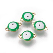 Ion Plating(IP) 304 Stainless Steel Enamel Links connectors, Flat Round with Evil Eye, Golden, Green, 12x8x4mm, Hole: 1.4mm(STAS-F206-02G-B01)