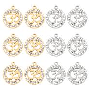 Unicraftale 12Pcs 2 Colors 201 Stainless Steel Pendants, with Polymer Clay Crystal Rhinestone, Flat Round with Aum/Ohm, Golden & Stainless Steel Color, 17x15x2mm, Hole: 1.2mm, 6pcs/color(STAS-UN0031-35)