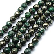Dyed Natural Pyrite Beads Strands, Faceted, Round, Green, 8mm, Hole: 1mm, about 50pcs/strand, 15.7 inch(40cm)(G-F582-C04)