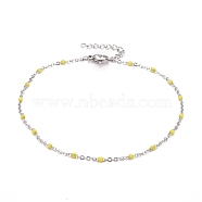 304 Stainless Steel Cable Chain Anklets, with Enamel and Lobster Claw Clasps, Stainless Steel Color, Yellow, 230x2mm(AJEW-K030-01P-06)