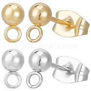 100Pcs 2 Style 304 Stainless Steel Round Ball Post Stud Earring Findings, with Horizontal Loops, 50Pcs Ear Nuts, Real 24K Gold Plated & Stainless Steel Color, 15~16x4~7mm, Hole: 1.5~2mm, Pin: 0.8mm, 50Pcs/style(STAS-BBC0004-81)