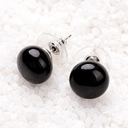 Black Agate Stud Earrings, with Platinum Tone Brass Findings, 21.5x12mm, Pin: 0.7mm(G-F267-09E)