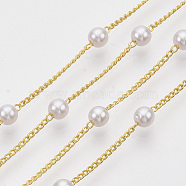 3.28 Feet Handmade Brass Chains, with Round ABS Plastic Imitation Pearl Beads, Soldered, Creamy White, Golden, 2x1.2x0.4mm(X-CHC-T008-05G)
