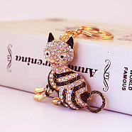 Fashion Rhinestones Enamel Sitting Cat Pendant Keychain, with Alloy Findings, for Car Bag Pendant Keychain, Black, 12cm(ANIM-PW0001-022B)