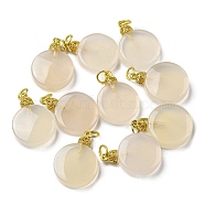 Natural White Agate Pendants, Flat Round Charms with Brass Jump Rings, Matte Gold Color, 21~22x15x5mm, Hole: 3mm(G-R489-14MG)