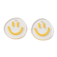Transparent Printed Acrylic Pendants, Flat Round with Smiling Face Charm, Yellow, 20.5~21x20~21x2mm, Hole: 1.6mm(TACR-P005-01F)