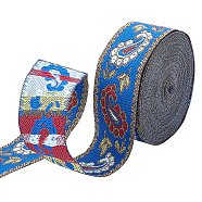 Ethnic Style Embroidery Polyester Ribbon, Garment Accessories, Floral Pattern, Blue, 33mm(SRIB-WH0007-02B)